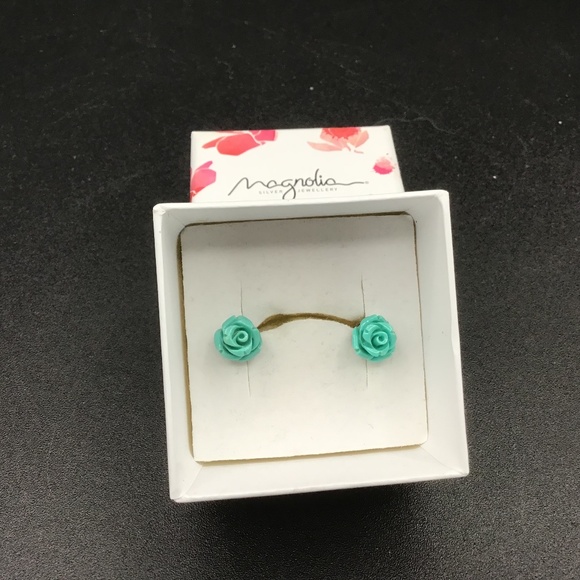 - Rose Shaped Turquoise Silver Stud Earrings by Magnolia Jewelry - Picture 1 of 7